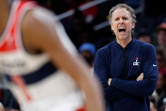 Jan 25, 2024; Washington, District of Columbia, USA; Washington Wizards interim head coach Brian Keefe yells from the bench against the Utah Jazz in the second half at Capital One Arena. Mandatory Credit: Geoff Burke-USA TODAY Sports